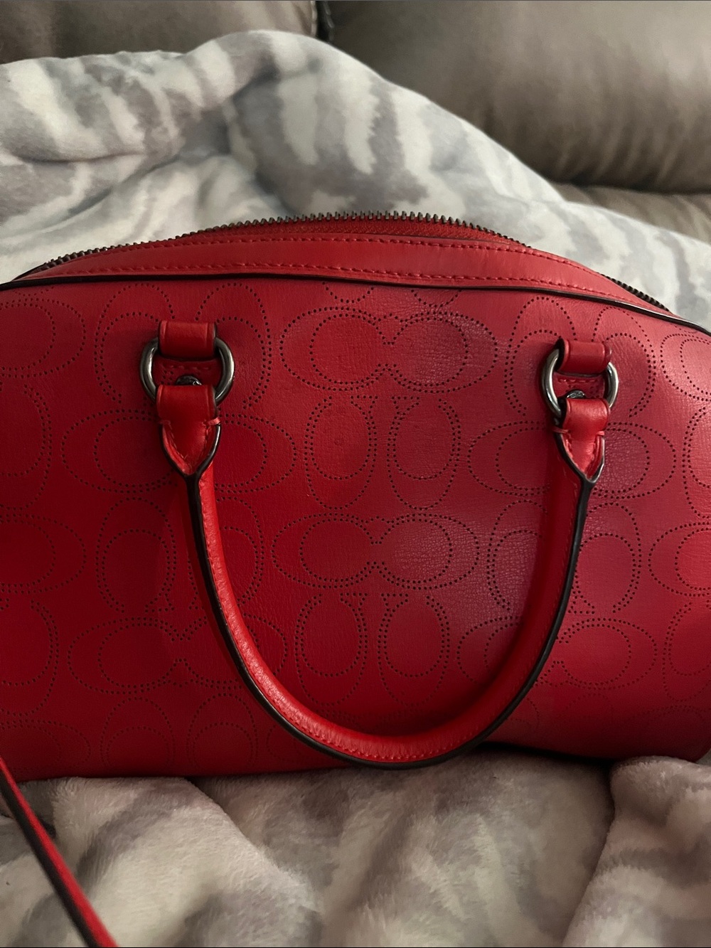 Coach Red Perforated Signature Leather Satchel - Picture 3 of 5